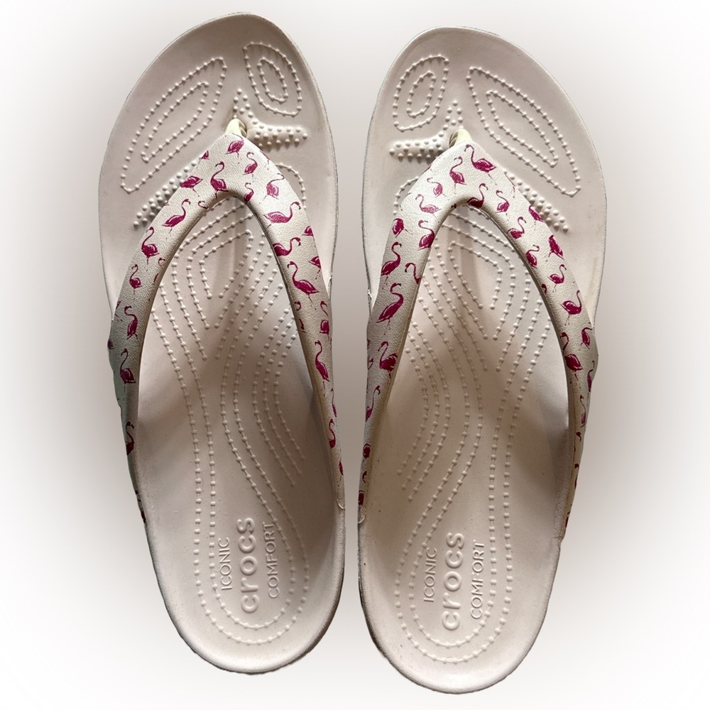 CROCS Kadee II White and Pink Flamingo Sandals with Contoured Footbed W10